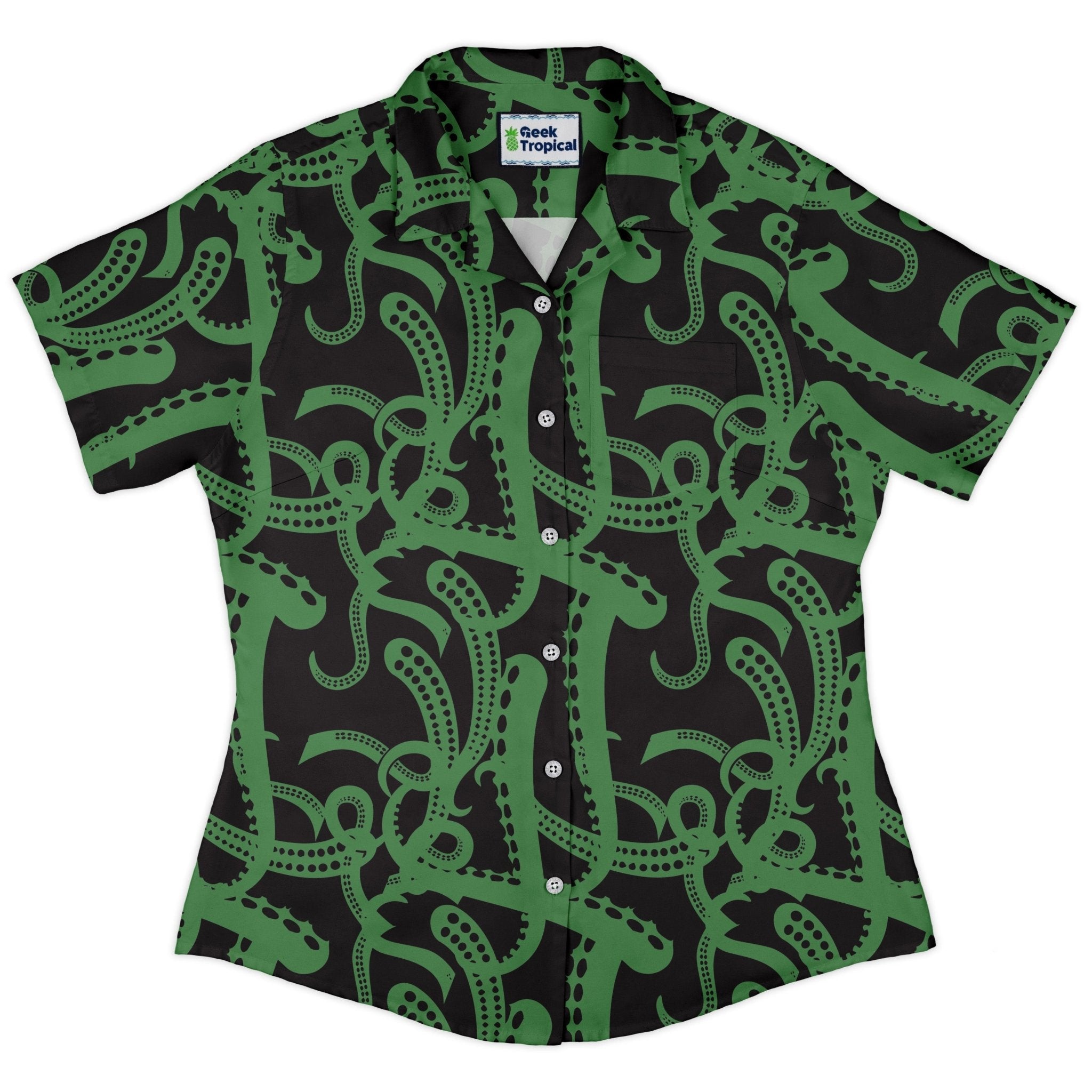 Tentacles of Cthulhu Green Curvy Button Up Shirt Geek Nerd Design by Heather Davenport Fantasy Prints halloween