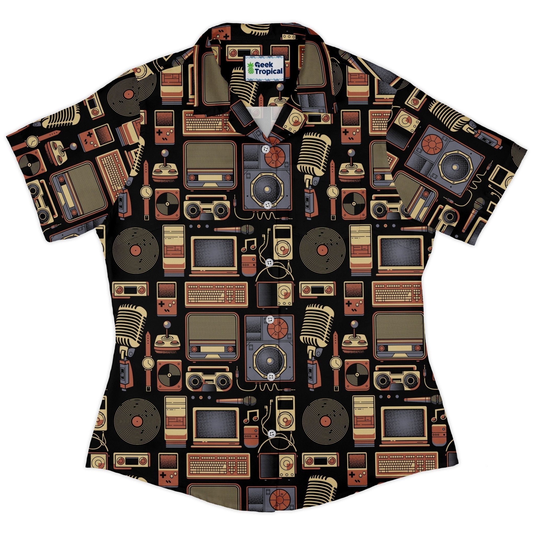 Throwback Tech Curvy Button Up Shirt Geek Nerd Design by Tobe Fonseca music print Q3