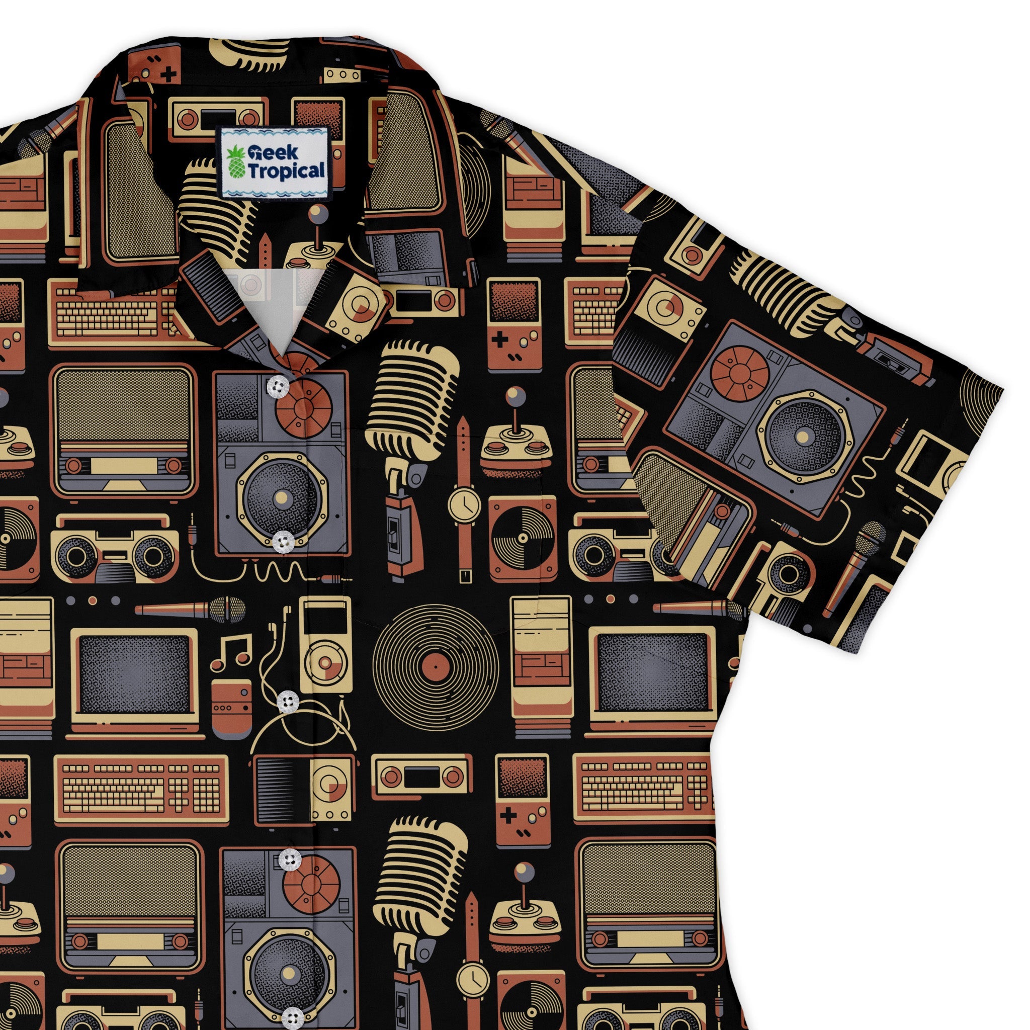 Throwback Tech Curvy Button Up Shirt Geek Nerd Design by Tobe Fonseca music print Q3