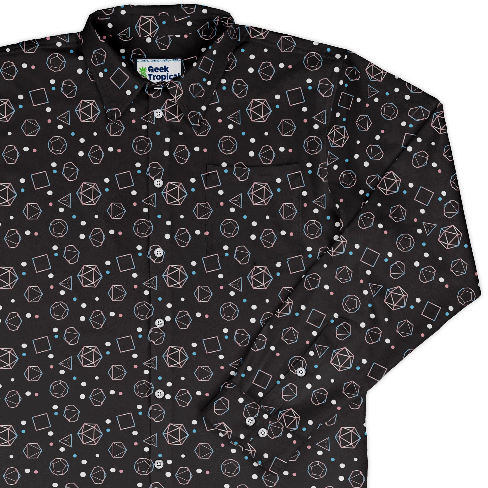 Trans Pride Flag Dnd Dice Long Sleeve Button Up Shirt