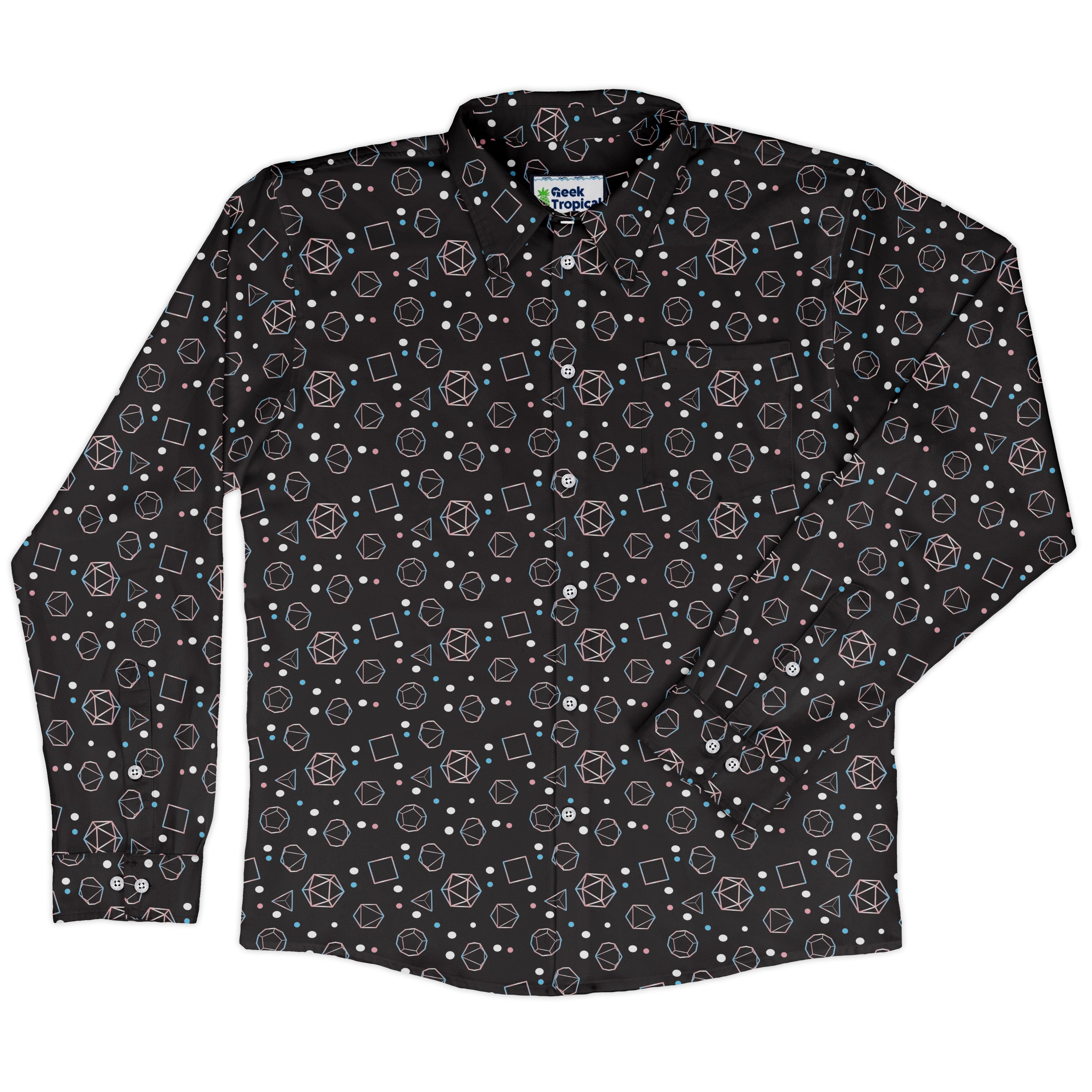 Trans Pride Flag Dnd Dice Long Sleeve Button Up Shirt