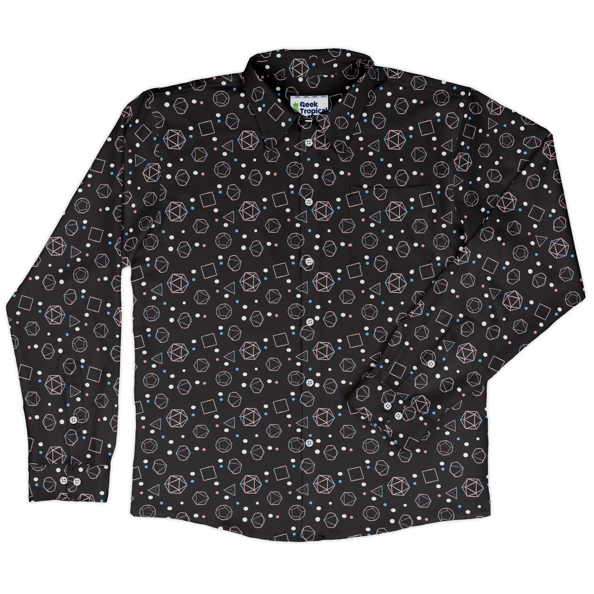 Trans Pride Flag Dnd Dice Long Sleeve Button Up Shirt