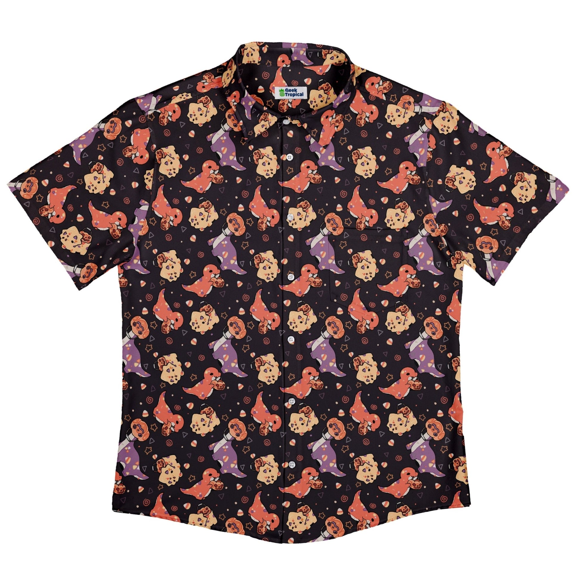 Trick or Treat Dinos Button Up Shirt Geek Nerd 0925 adult sizing All Adult Button Up Shirts