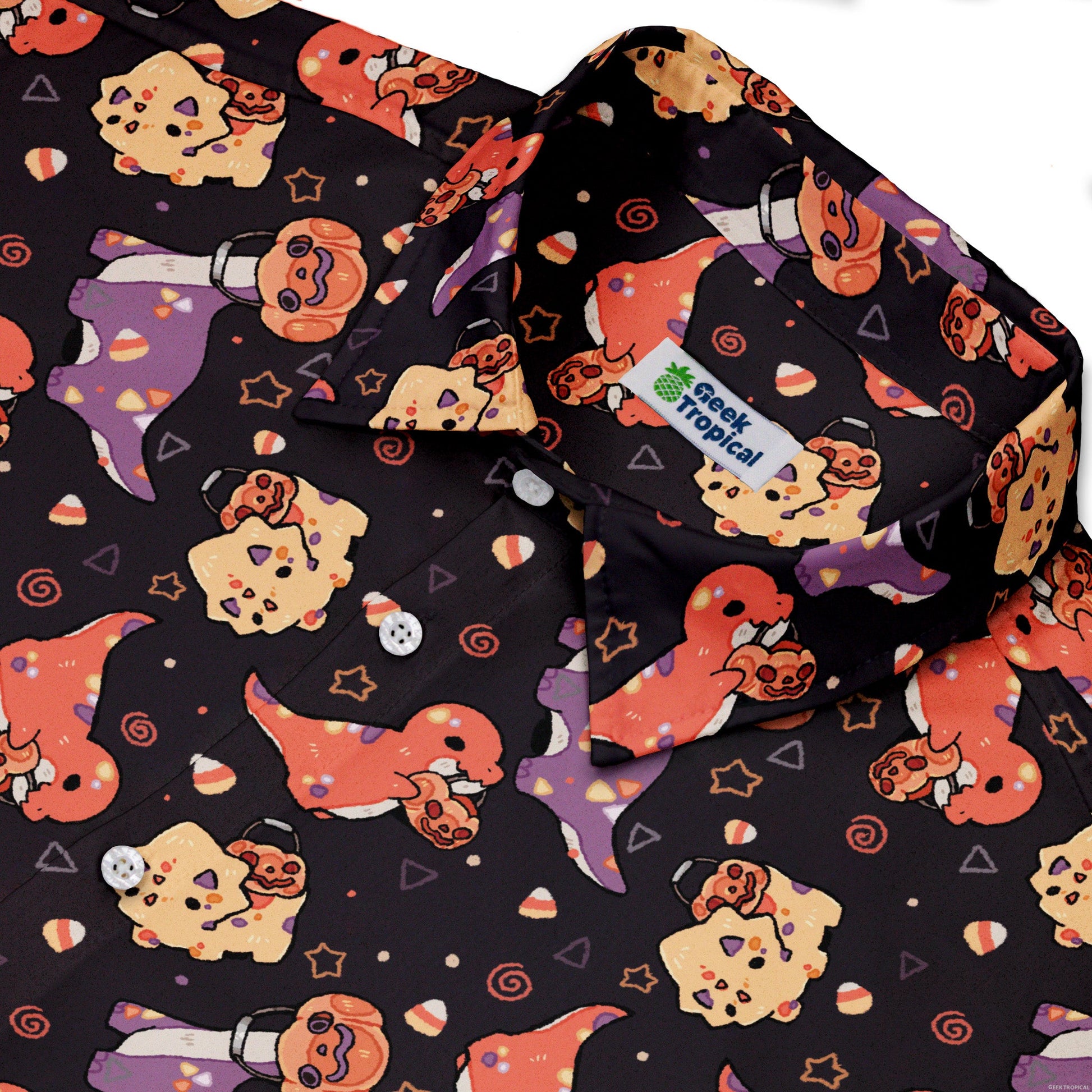 Trick or Treat Dinos Button Up Shirt Geek Nerd 0925 adult sizing All Adult Button Up Shirts