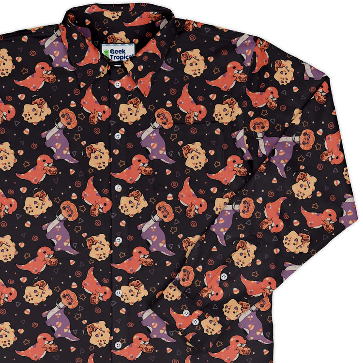 Trick or Treat Dinos Long Sleeve Button Up Shirt Geek Nerd 0925 adult sizing All Adult Button Up Shirts