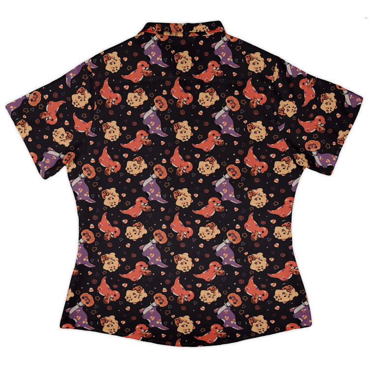 Trick or Treat Dinos Curvy Button Up Shirt Geek Nerd 0925 All Adult Button Up Shirts Animal Patterns