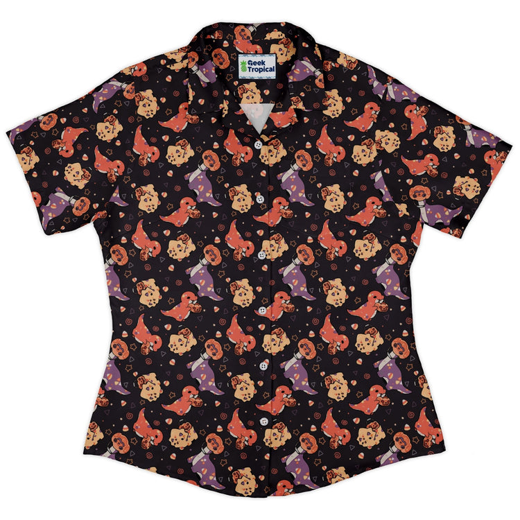 Trick or Treat Dinos Curvy Button Up Shirt Geek Nerd 0925 All Adult Button Up Shirts Animal Patterns