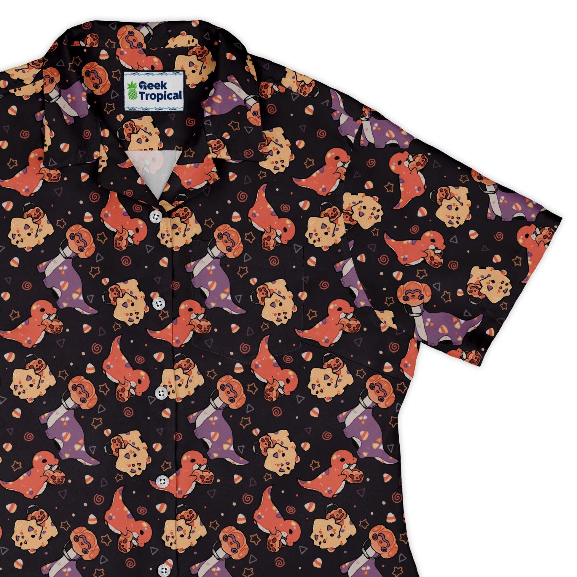 Trick or Treat Dinos Curvy Button Up Shirt Geek Nerd 0925 All Adult Button Up Shirts Animal Patterns