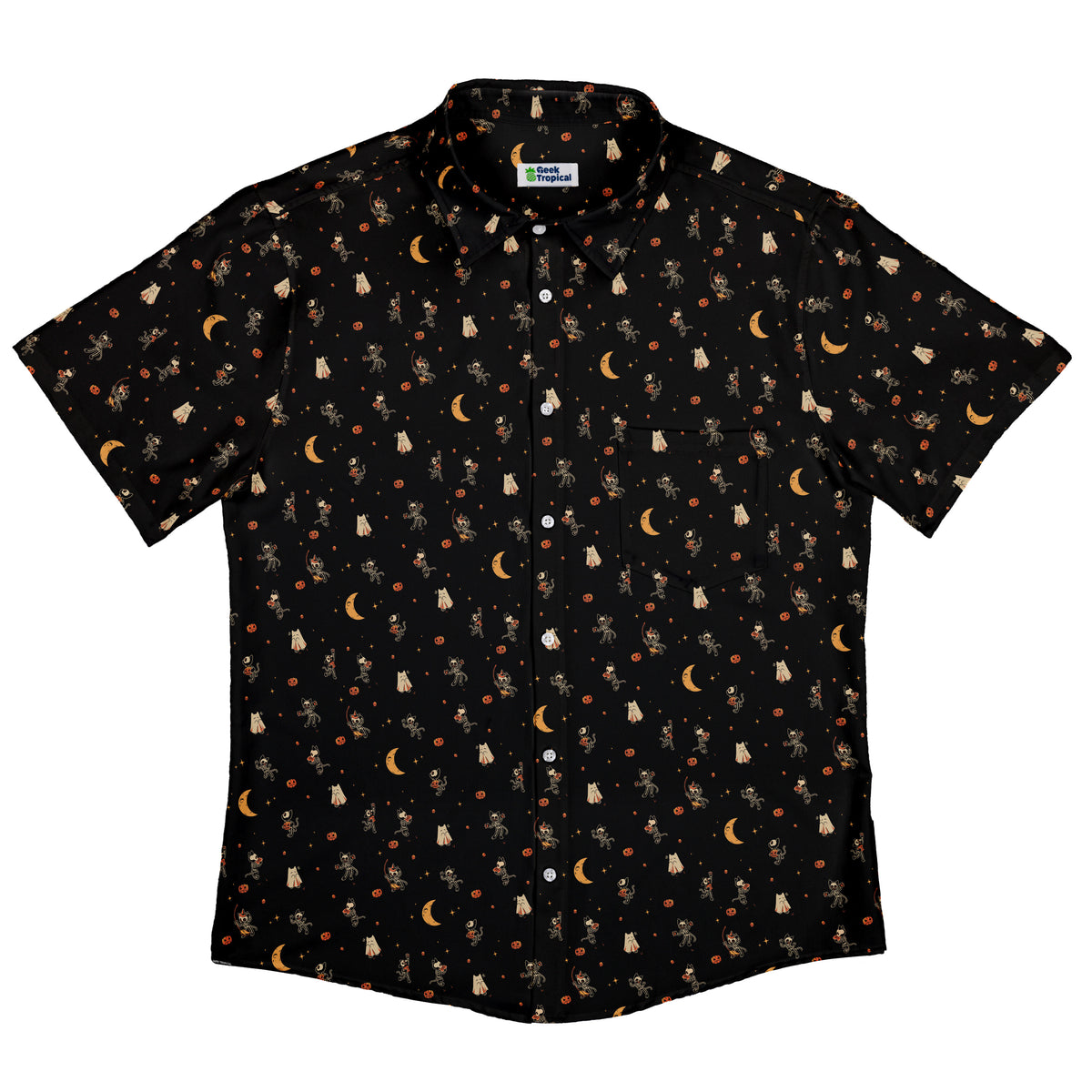 Trick or Treat Halloween Cats Button Up Shirt Flat Front