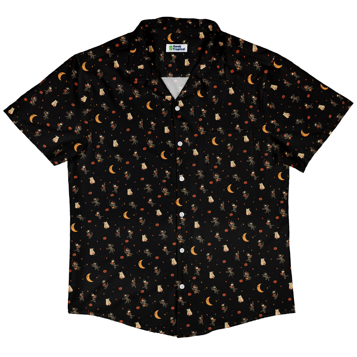 Trick or Treat Halloween Cats Button Up Shirt Hawaiian Front