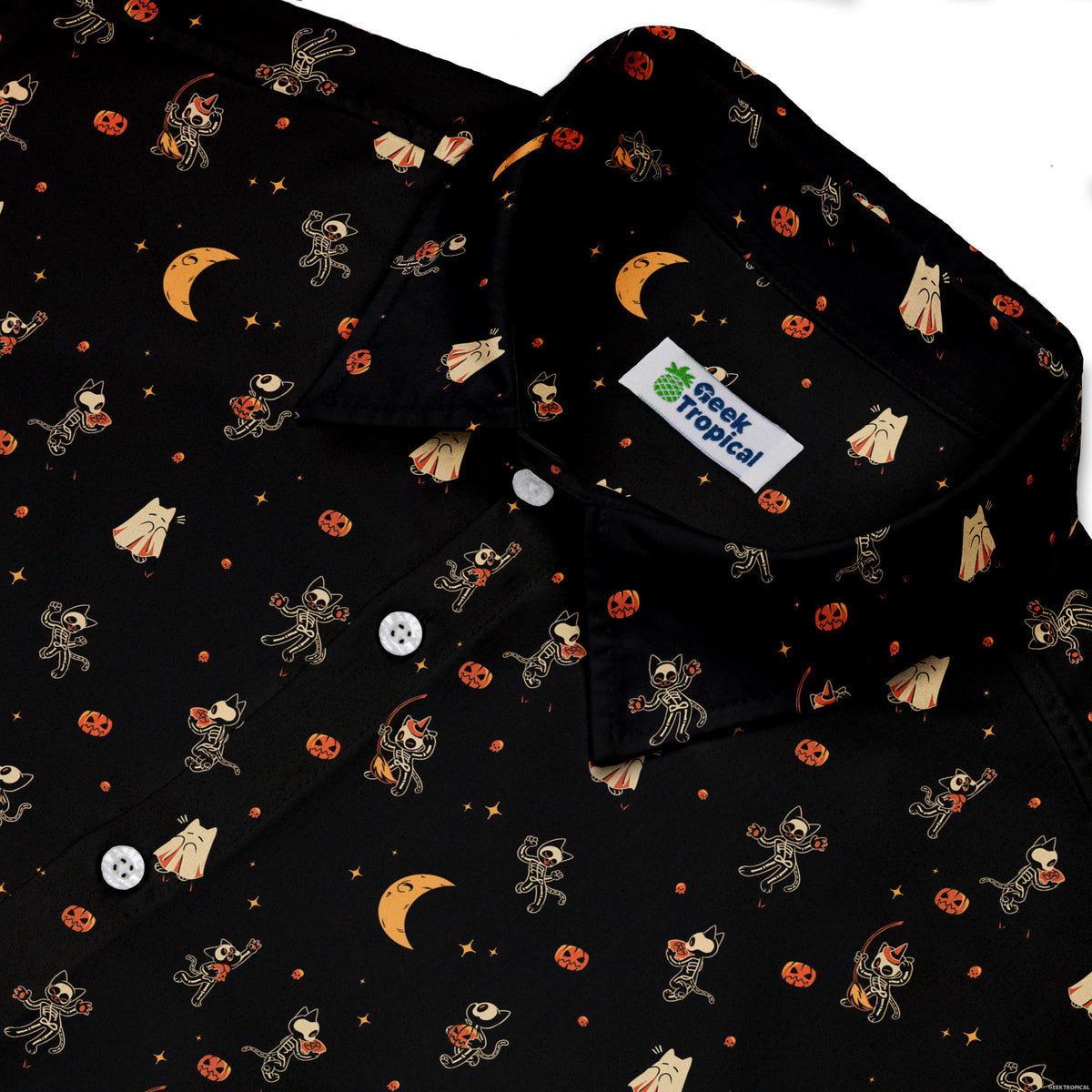 Trick or Treat Halloween Cats Button Up Shirt Neck
