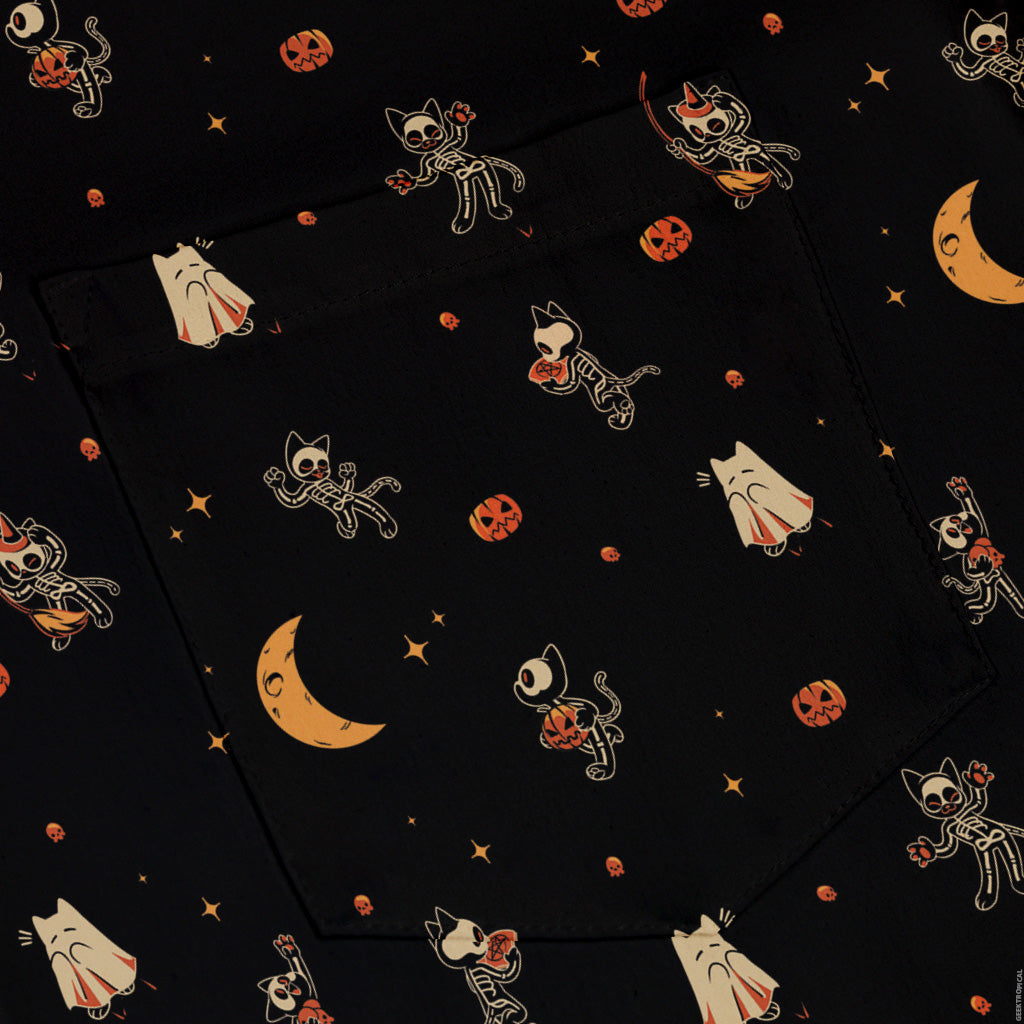 Trick or Treat Halloween Cats Button Up Shirt Pocket