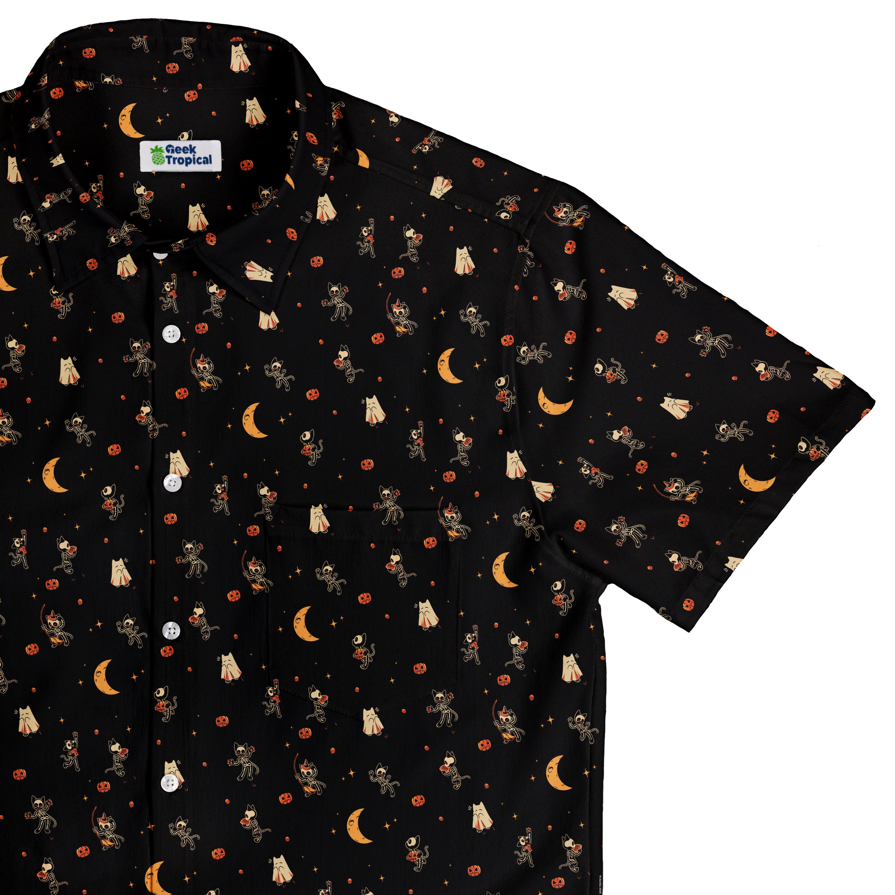 Trick or Treat Halloween Cats Button Up Shirt Top Corner