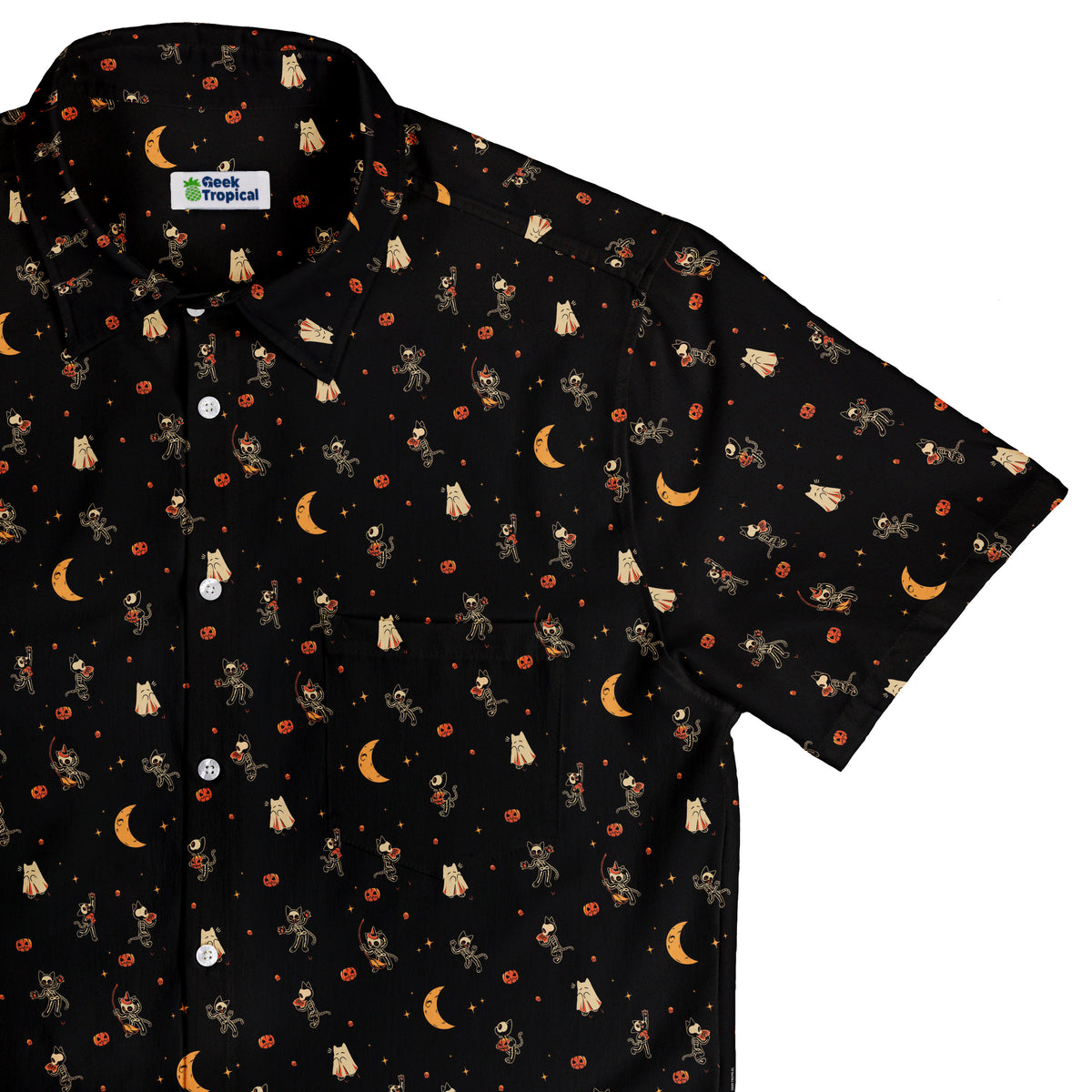 Trick or Treat Halloween Cats Button Up Shirt Top Corner