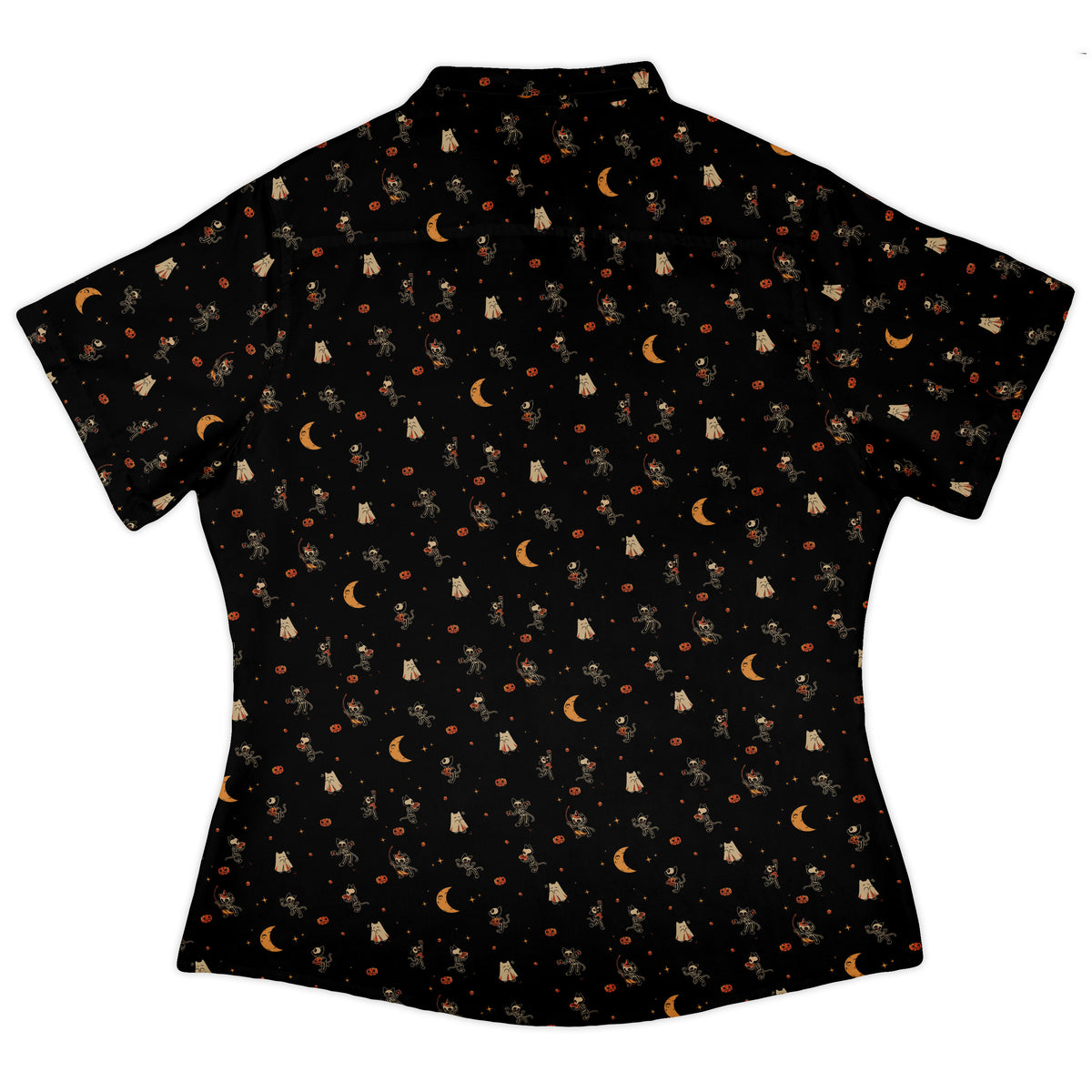 Trick or Treat Halloween Cats Curvy Button Up Shirt womens back