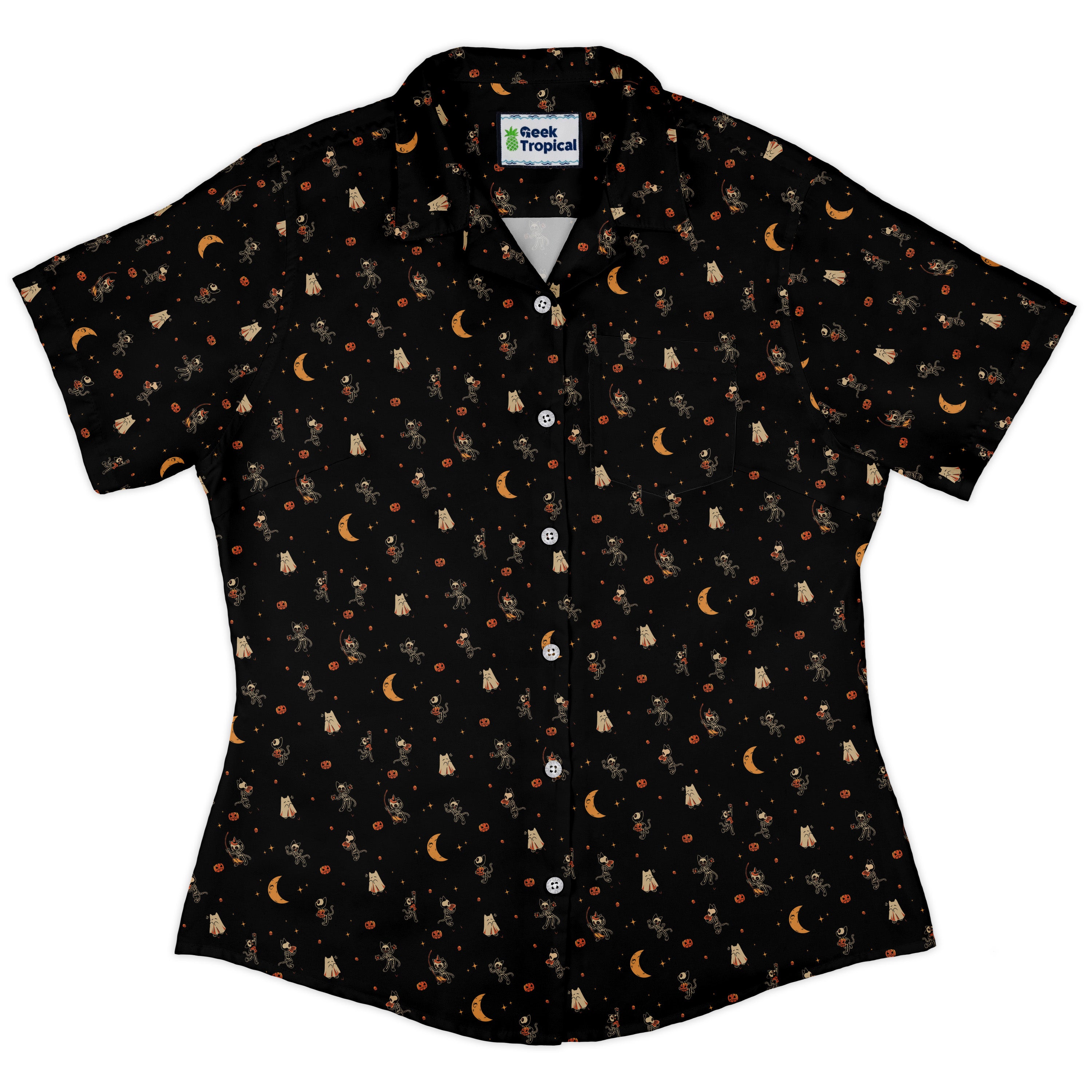 Trick or Treat Halloween Cats Curvy Button Up Shirt womens front