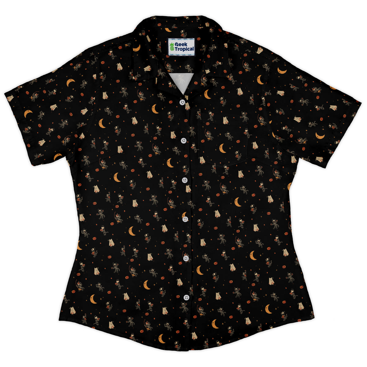 Trick or Treat Halloween Cats Curvy Button Up Shirt womens front