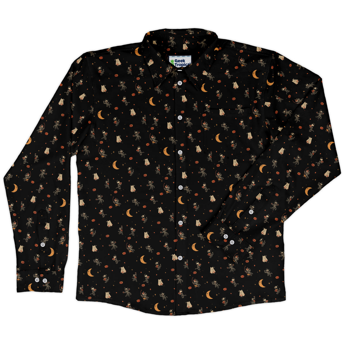 Trick or Treat Halloween Cats Long Sleeve Button Up Shirt front