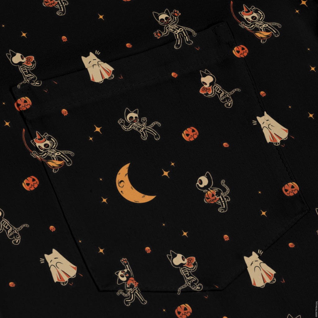 Trick or Treat Halloween Cats Long Sleeve Button Up Shirt pocket