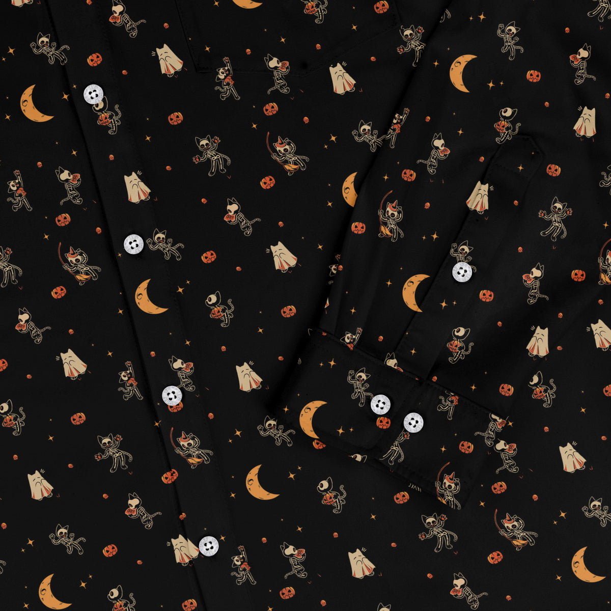 Trick or Treat Halloween Cats Long Sleeve Button Up Shirt sleeve close