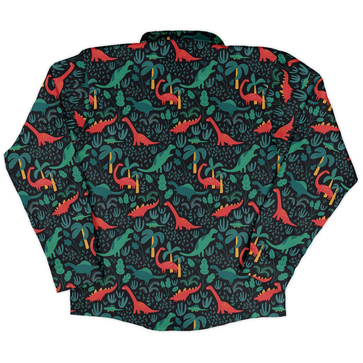 Tropical Dinosaur Green Aloha Long Sleeve Button Up Shirt Geek Nerd adult sizing dinosaur print FLOW DESC WRITING