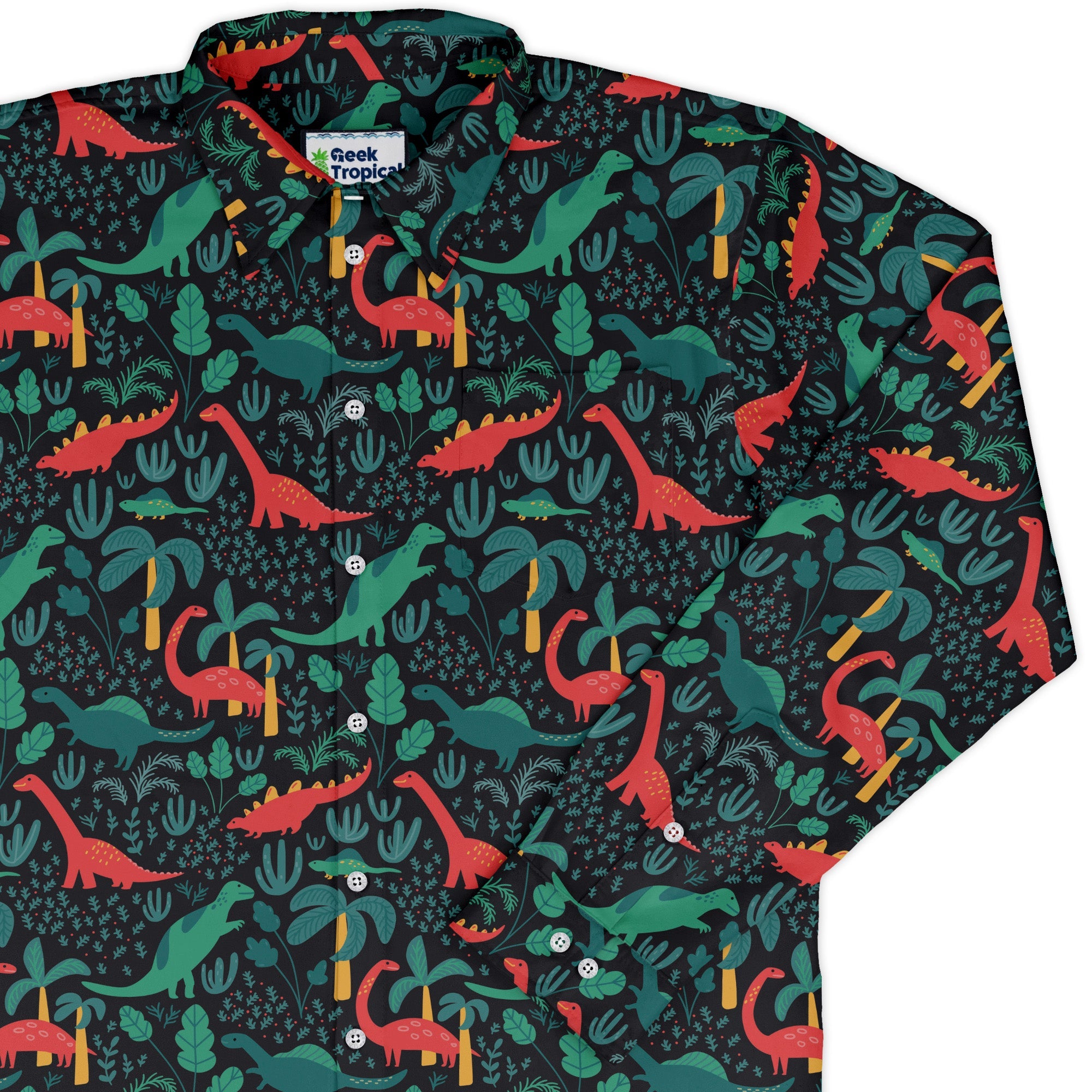Tropical Dinosaur Green Aloha Long Sleeve Button Up Shirt