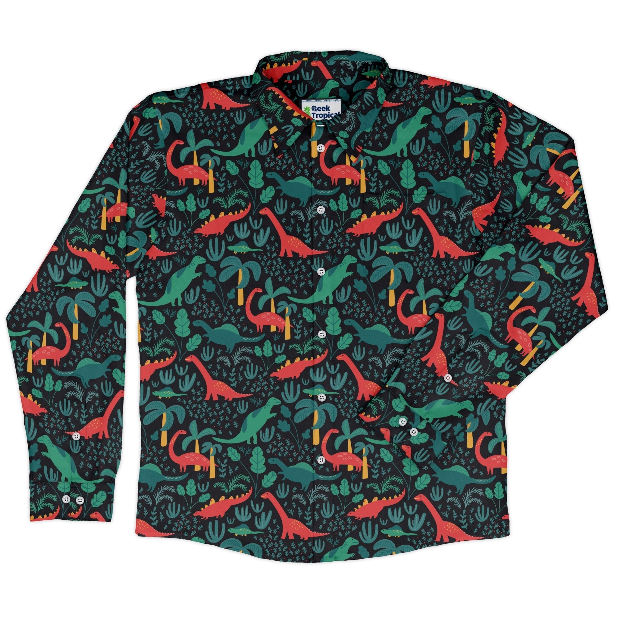 Tropical Dinosaur Green Aloha Long Sleeve Button Up Shirt Geek Nerd adult sizing dinosaur print FLOW DESC WRITING
