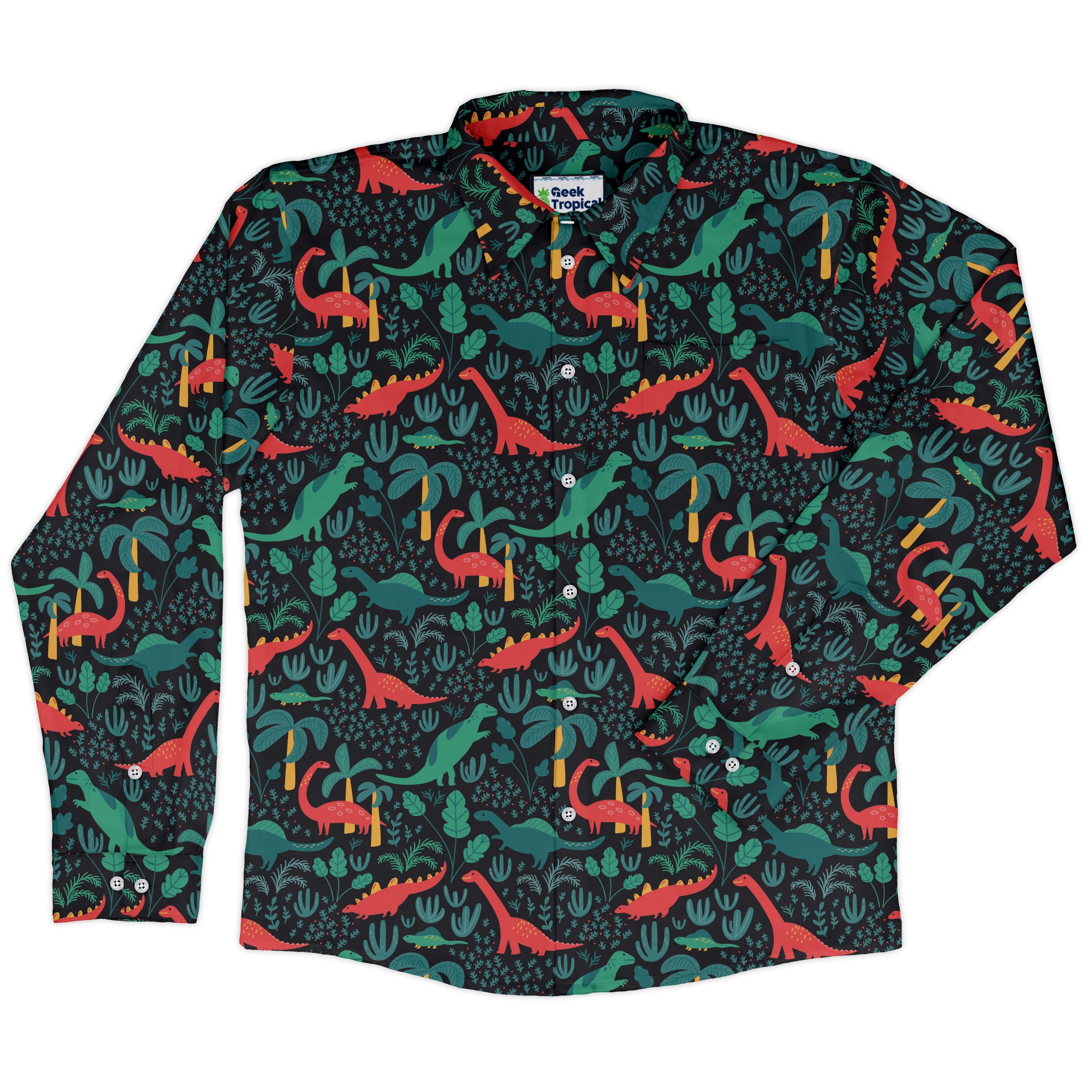 Tropical Dinosaur Green Aloha Long Sleeve Button Up Shirt