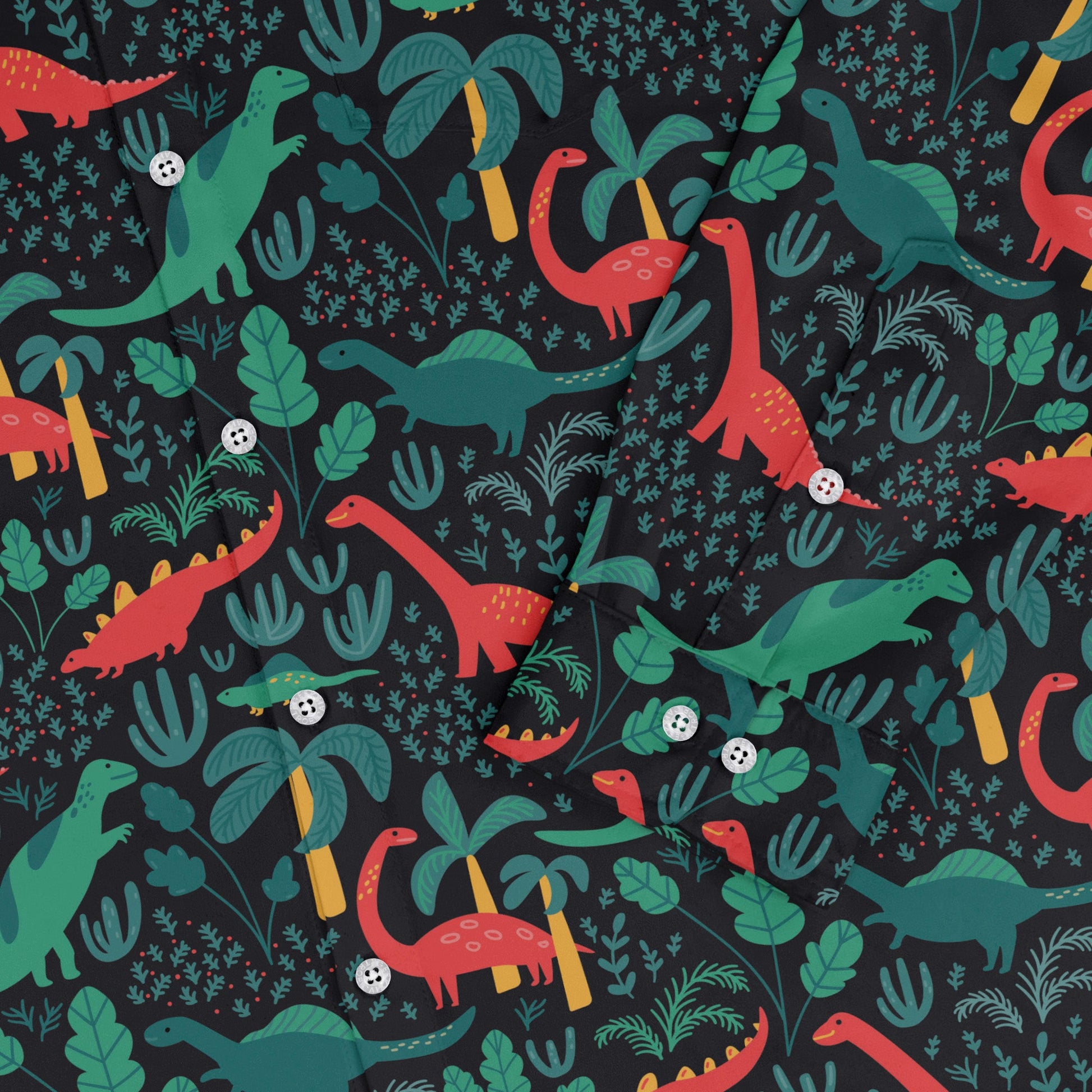 Tropical Dinosaur Green Aloha Long Sleeve Button Up Shirt