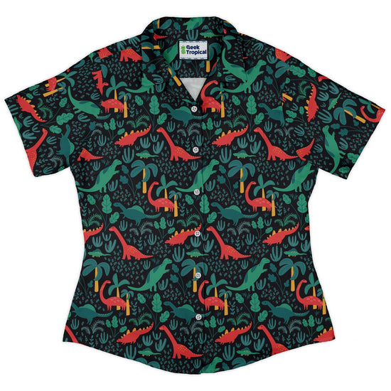 Tropical Dinosaur Green Aloha Curvy Button Up Shirt Geek Nerd dinosaur print Maximalist Patterns Tropical Hawaiian Patterns