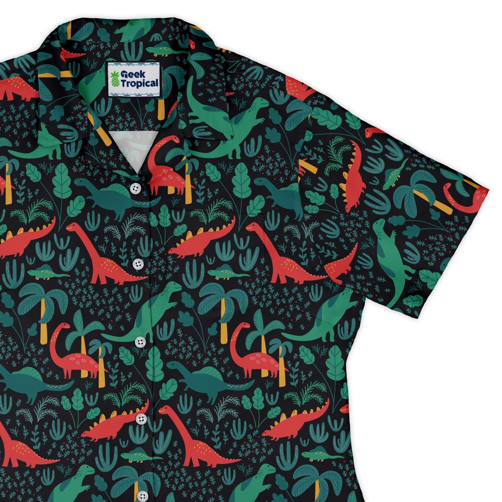 Tropical Dinosaur Green Aloha Curvy Button Up Shirt Geek Nerd dinosaur print Maximalist Patterns Tropical Hawaiian Patterns