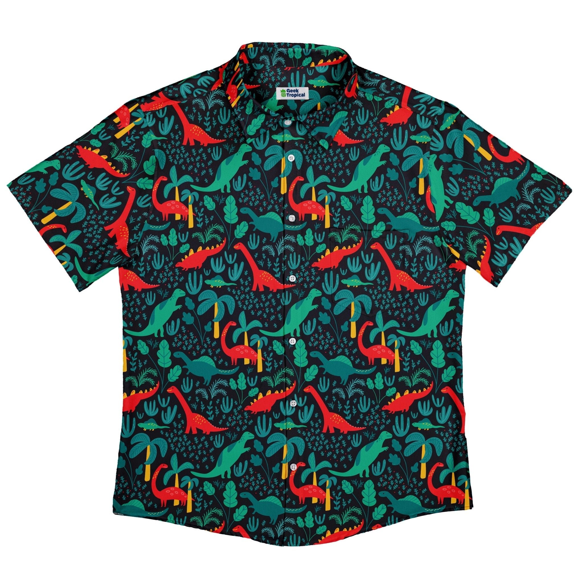 Tropical Dinosaur Green Aloha Button Up Shirt - adult sizing - dinosaur print - Maximalist Patterns