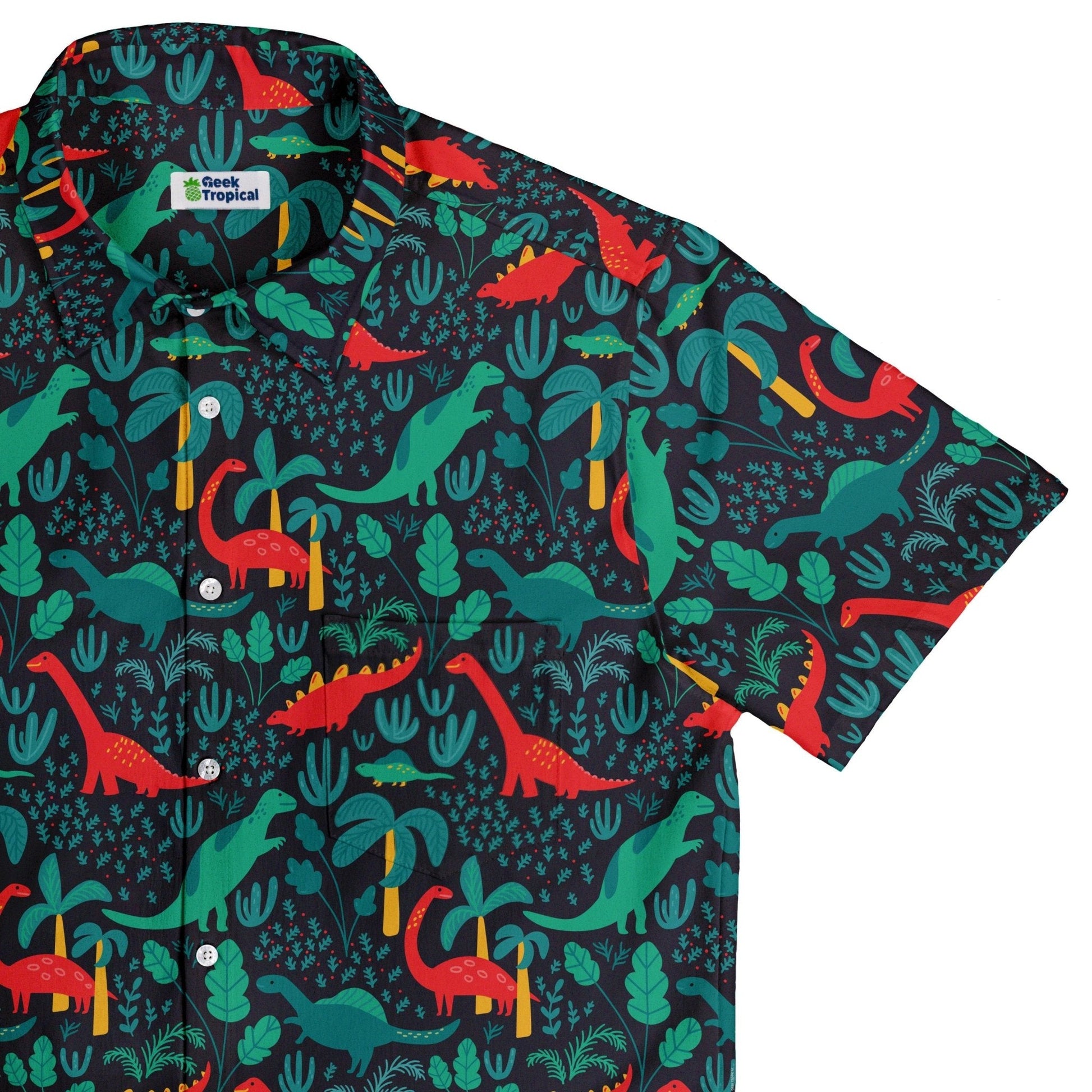 Clearance Ready - to - Ship Tropical Dinosaur Green Aloha Button Up Shirt Geek Nerd adult sizing All Adult Button Up Shirts Animal Patterns