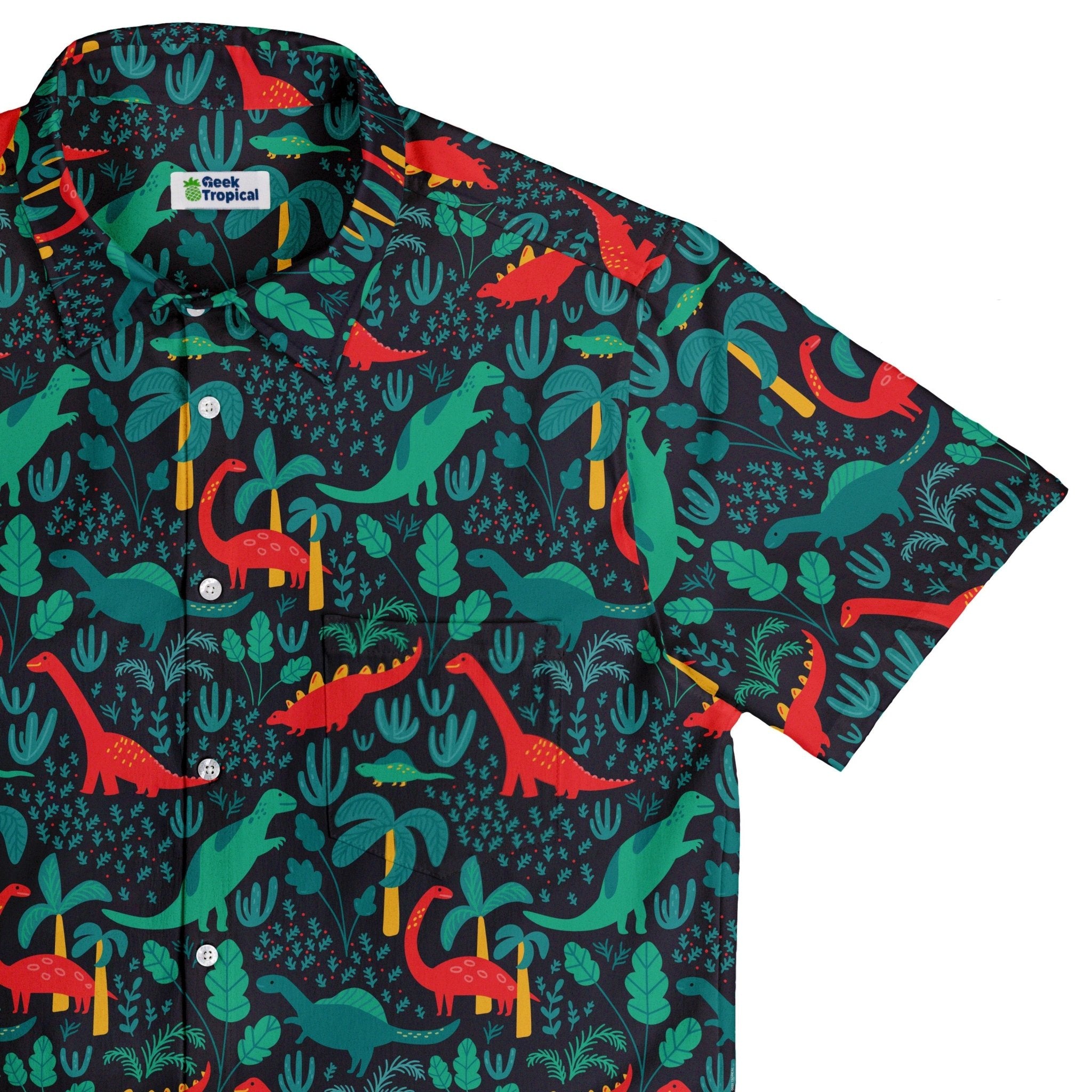 Tropical Dinosaur Green Aloha Button Up Shirt - adult sizing - dinosaur print - Maximalist Patterns