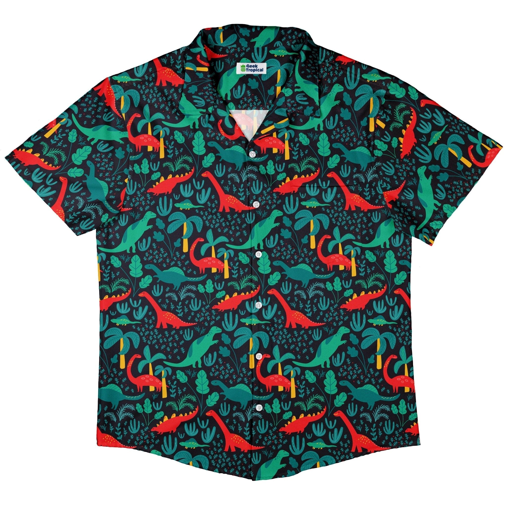 Clearance Ready-to-Ship Tropical Dinosaur Green Aloha Button Up Shirt