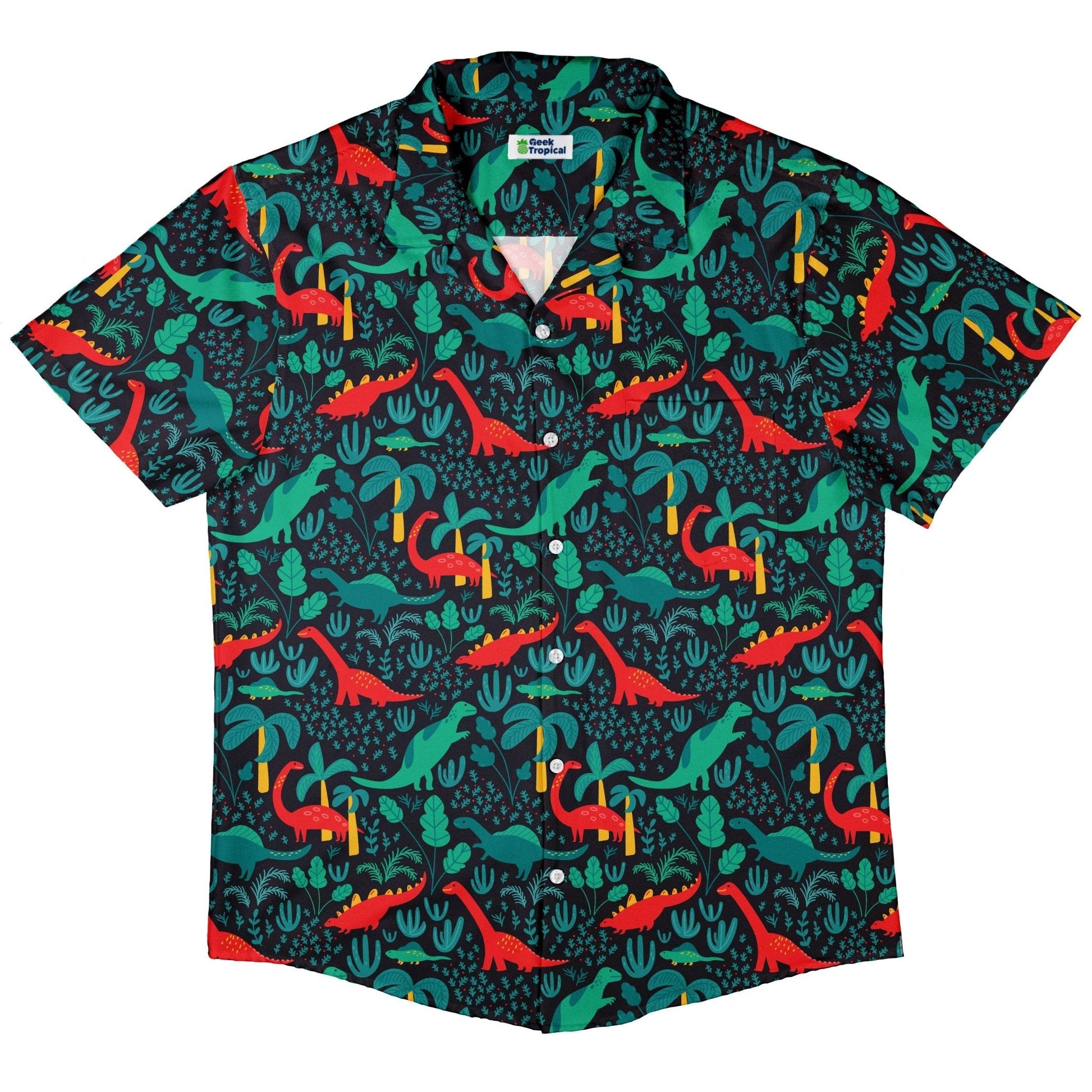 Clearance Ready-to-Ship Tropical Dinosaur Green Aloha Button Up Shirt