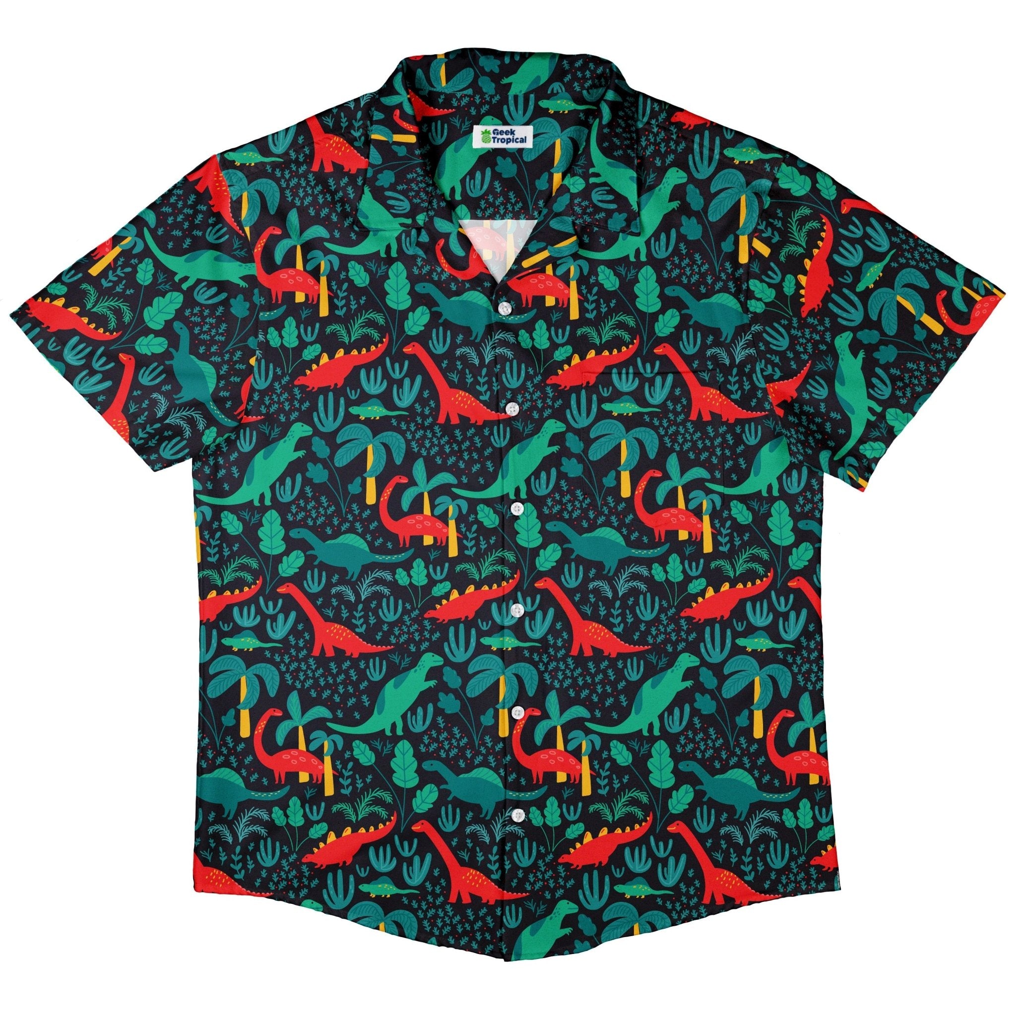 Tropical Dinosaur Green Aloha Button Up Shirt - adult sizing - dinosaur print - Maximalist Patterns