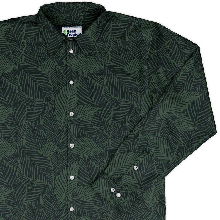 Tropical Dnd Dice Long Sleeve Button Up Shirt Geek Nerd adult sizing Design by Dunking Toast dnd & rpg print
