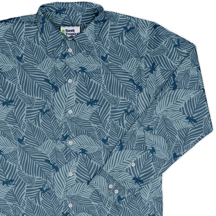 Tropical Dragons Long Sleeve Button Up Shirt Geek Nerd adult sizing Design by Dunking Toast dnd & rpg print