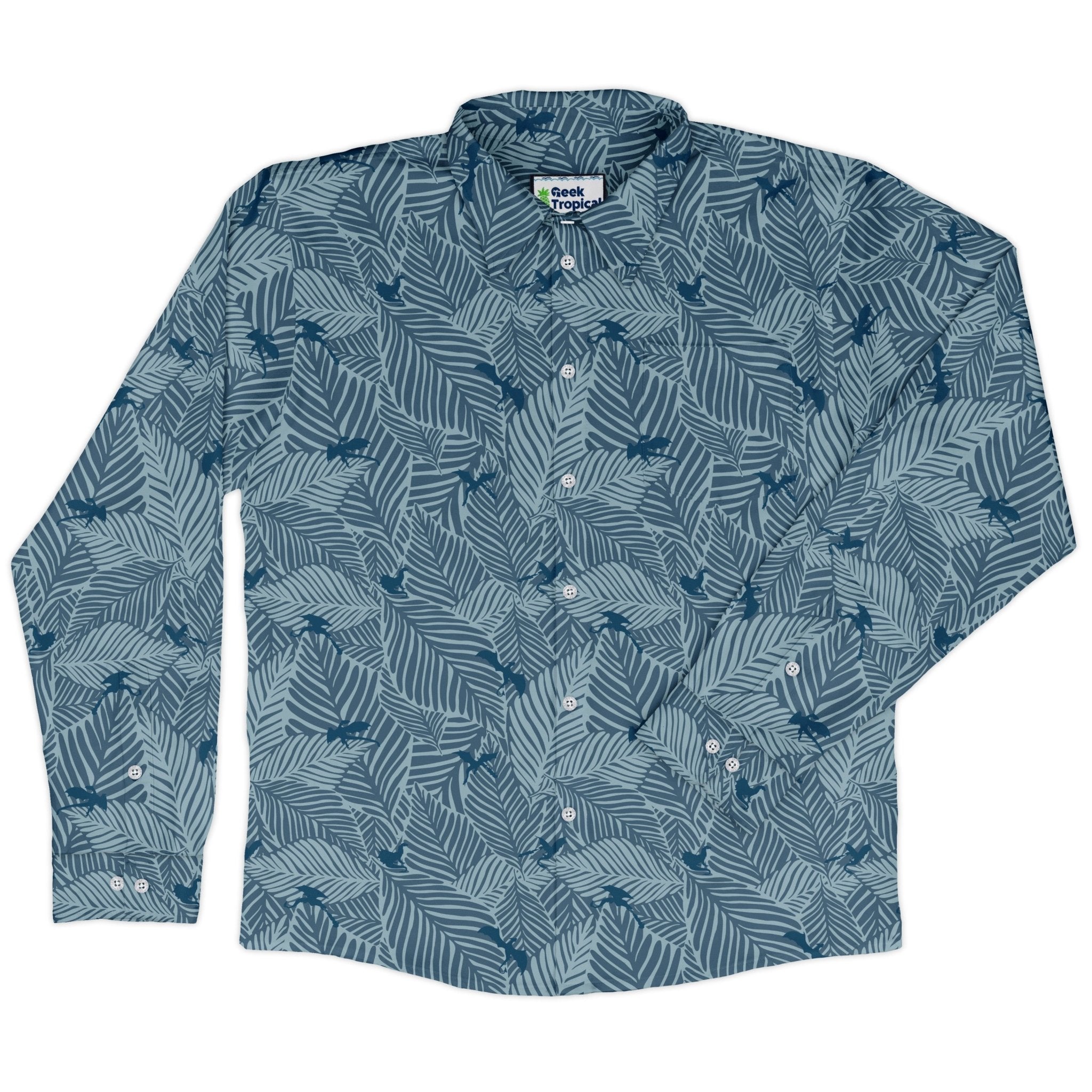 Tropical Dragons Long Sleeve Button Up Shirt Geek Nerd adult sizing Design by Dunking Toast dnd & rpg print