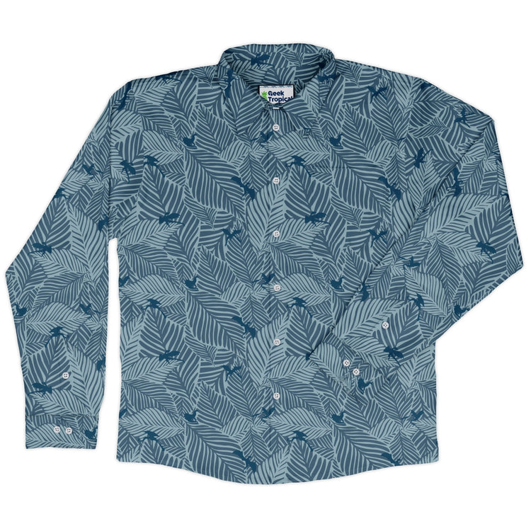 Tropical Dragons Long Sleeve Button Up Shirt Geek Nerd adult sizing Design by Dunking Toast dnd & rpg print