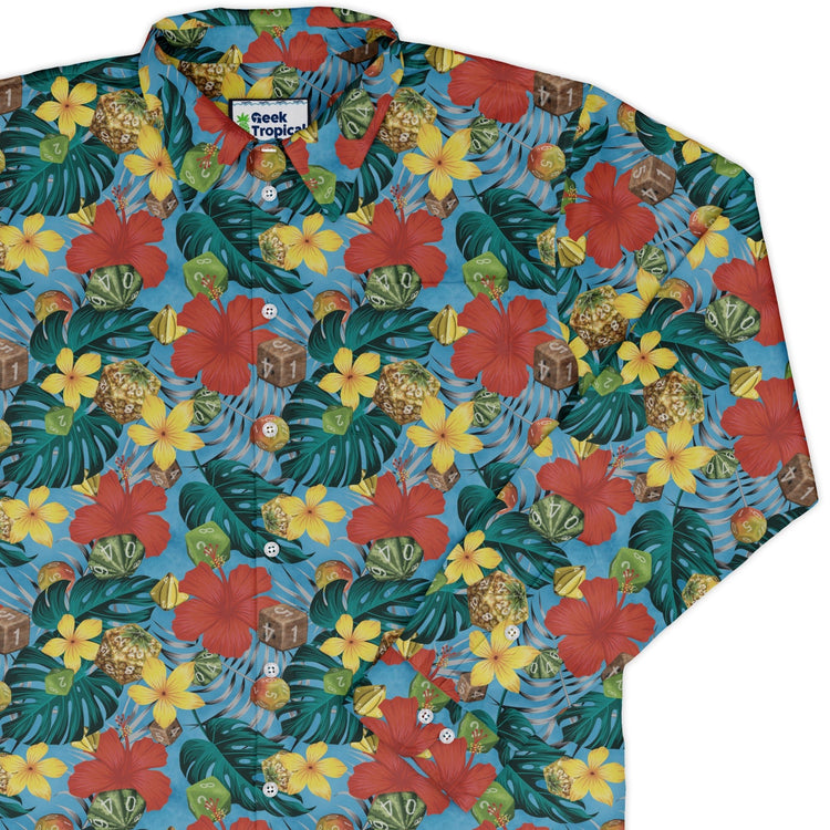 Tropical Fruit Dice Dnd Long Sleeve Button Up Shirt Geek Nerd adult sizing Designs by Nathan dnd & rpg print