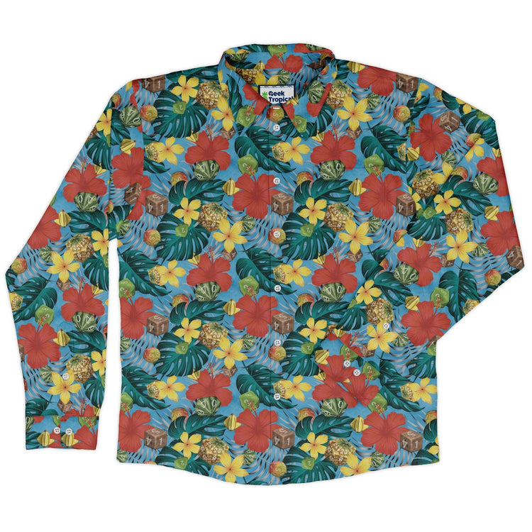 Tropical Fruit Dice Dnd Long Sleeve Button Up Shirt Geek Nerd adult sizing Designs by Nathan dnd & rpg print