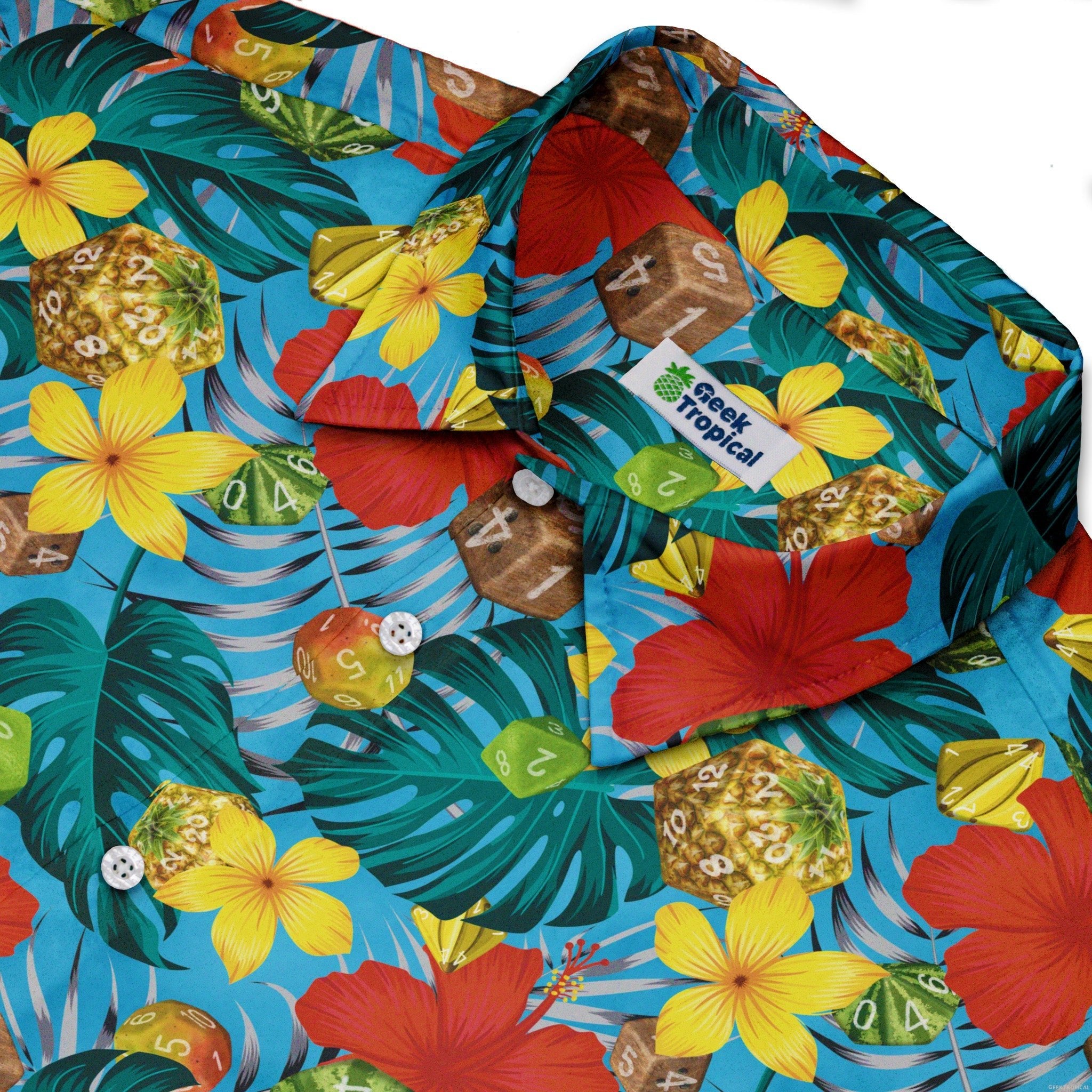 Tropical Fruit Dice Dnd Button Up Shirt - adult sizing - Designs by Nathan - dnd & rpg print