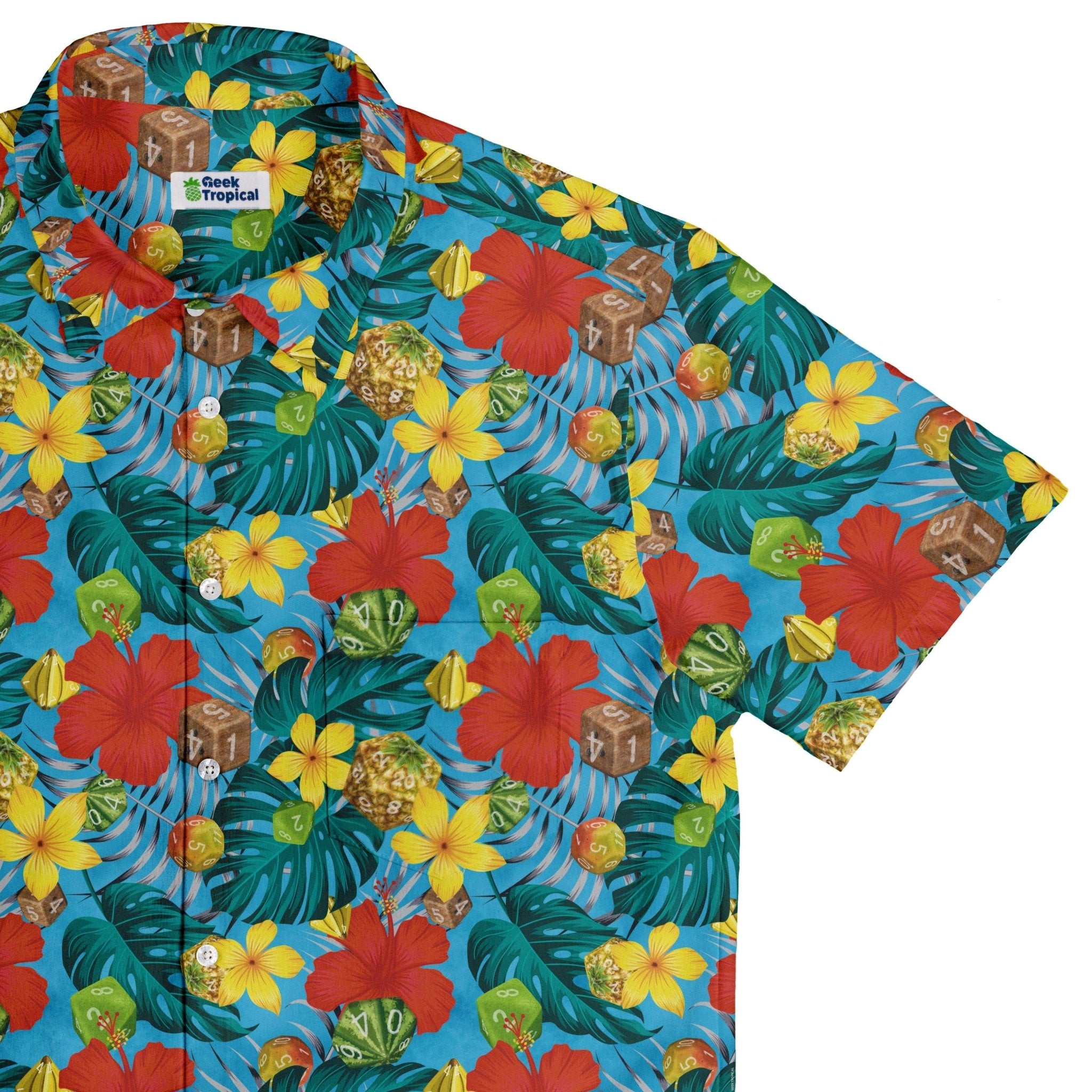 Tropical Fruit Dice Dnd Button Up Shirt - adult sizing - Designs by Nathan - dnd & rpg print