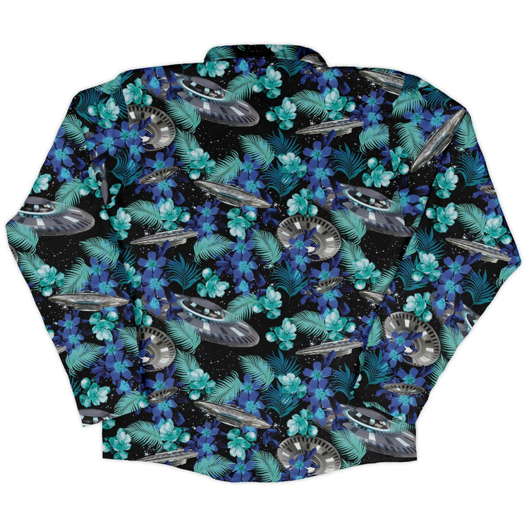 Tropical UFO Space Long Sleeve Button Up Shirt Geek Nerd adult sizing Design by Random Galaxy FLOW DESC WRITING
