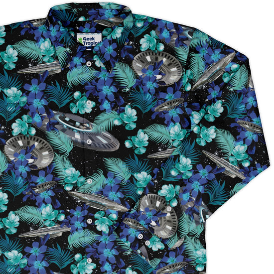 Tropical UFO Space Long Sleeve Button Up Shirt Geek Nerd adult sizing Design by Random Galaxy FLOW DESC WRITING