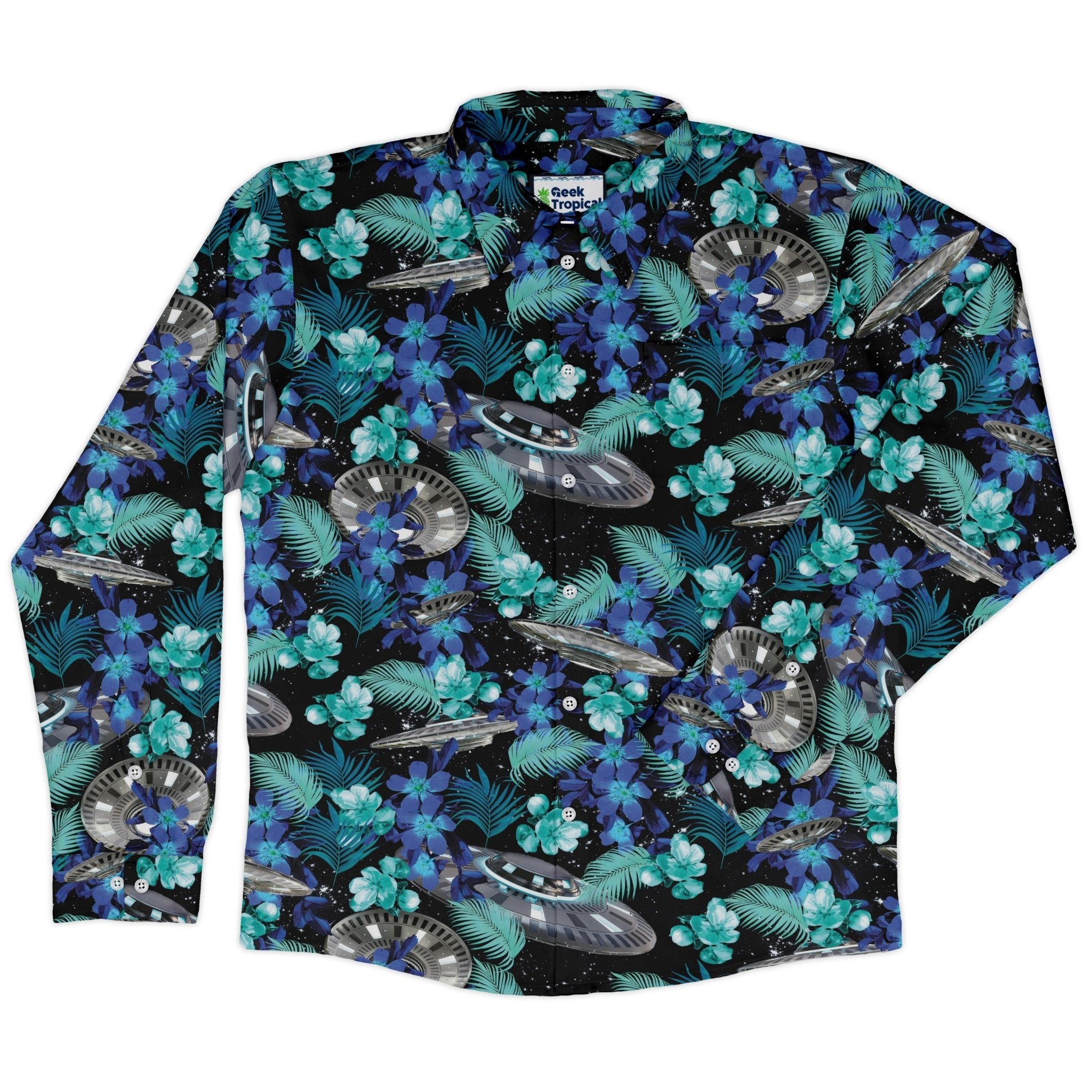 Tropical UFO Space Long Sleeve Button Up Shirt Geek Nerd adult sizing Design by Random Galaxy FLOW DESC WRITING
