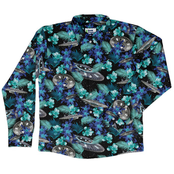 Tropical UFO Space Long Sleeve Button Up Shirt Geek Nerd adult sizing Design by Random Galaxy FLOW DESC WRITING