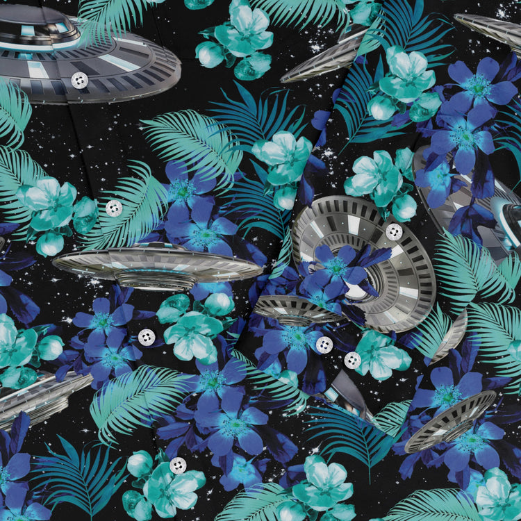 Tropical UFO Space Long Sleeve Button Up Shirt Geek Nerd adult sizing Design by Random Galaxy FLOW DESC WRITING